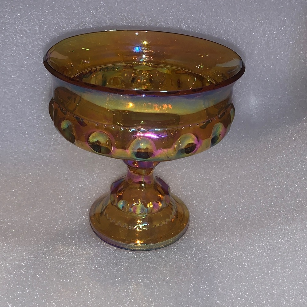 Vintage Indiana Amber/Marigold
Iridescent Kings Crown Glass Compote
Candy Dish